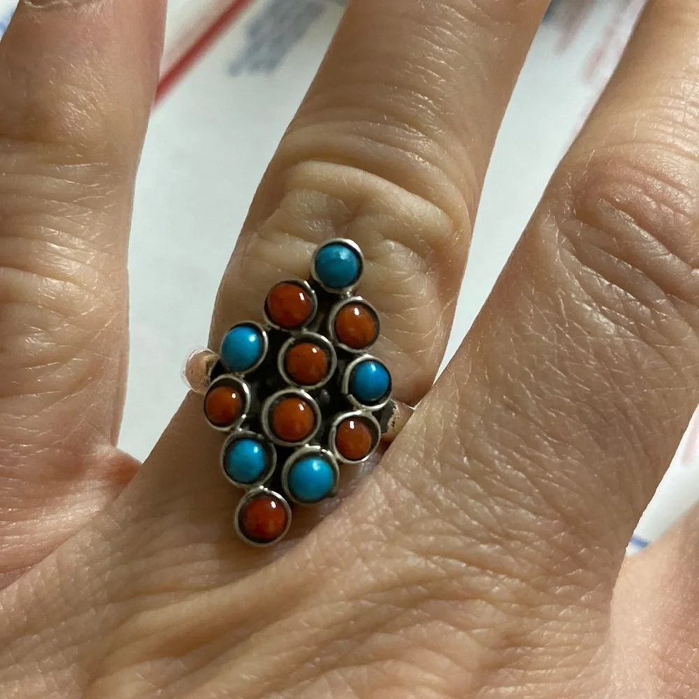 Turquoise and Coral Sterling Silver sue 7.5 - Picture 1 of 4